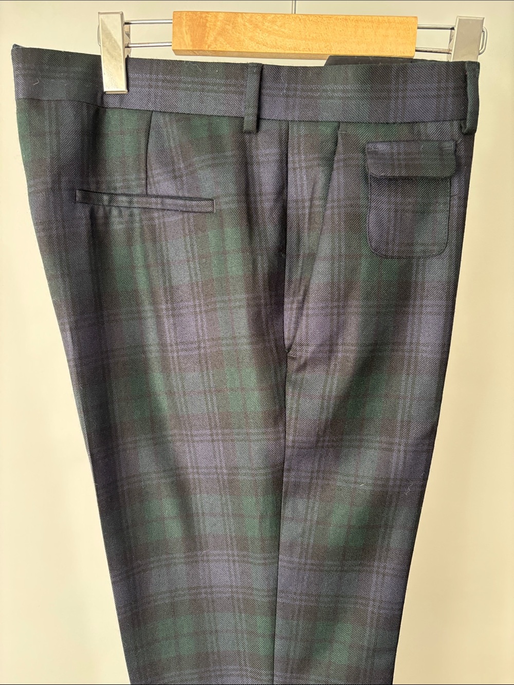 Simons Slim Fit 100% Wool Green Navy Tartan Trousers